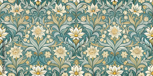 Intricate floral pattern featuring elegant flowers in soft pastel tones.