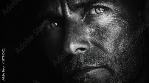 a dramatic monochrome portrait capturing the intense gaze of a man highlighting texture and emotion in the shadowed face providing a raw and intimate feel
