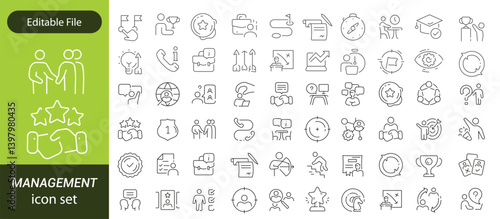Operations management Editable Stroke icon collections. Containing production, logistics, supply chain, manufacturing, planning, inventory, strategy, customer satisfaction and cost icons.