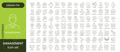 Operations management Editable Stroke icon collections. Containing production, logistics, supply chain, manufacturing, planning, inventory, strategy, customer satisfaction and cost icons.