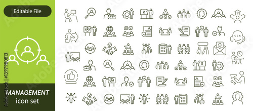 Operations management Editable Stroke icon collections. Containing production, logistics, supply chain, manufacturing, planning, inventory, strategy, customer satisfaction and cost icons.