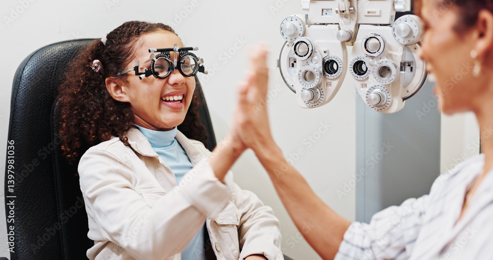 Eye care, high five or happy optician with child in clinic with diagnostic tool for prescription lens. Ophthalmology, glasses or optometrist in vision assessment with kid, eyesight success or support