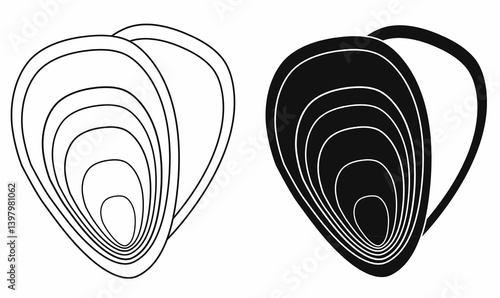 Abstract mussel shell icon in black and white. Minimal line art style, perfect for seafood logos, nature themes, restaurant branding, and modern illustrations