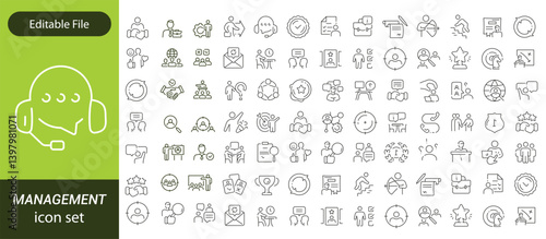 Operations management Editable Stroke icon collections. Containing production, logistics, supply chain, manufacturing, planning, inventory, strategy, customer satisfaction and cost icons.