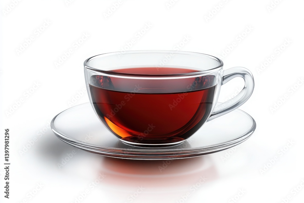 A clear cup with dark liquid sitting on a clear saucer on white surface A clear cup with dark liquid sitting on a clear saucer on white surface