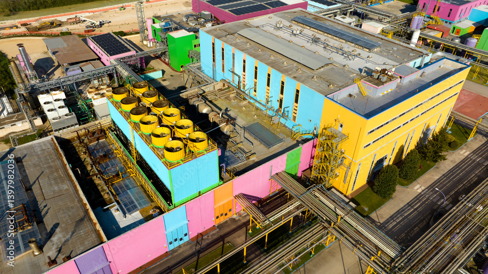 Aerial view of a large colorful factory. The warehouses have walls of different colors.