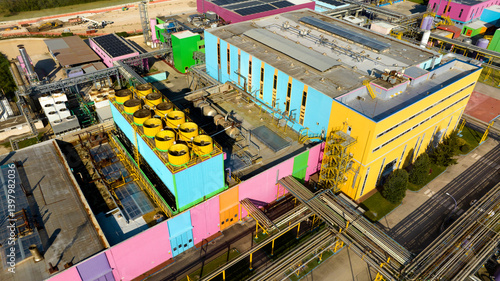 Obraz na płótnie Aerial view of a large colorful factory. The warehouses have walls of different colors. w salonie