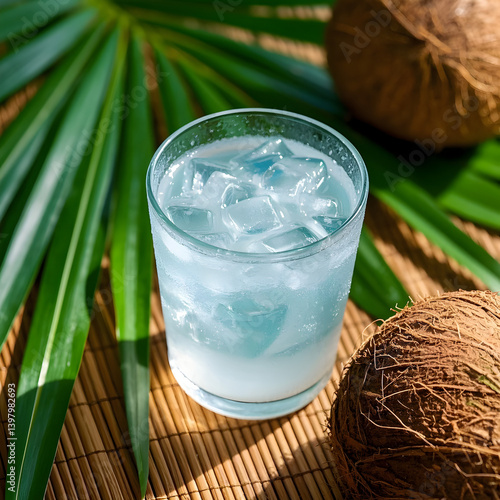 Chilled coconut water in a clear glass with ice and condensation, on a natural bamboo mat. Lush tropical leaves blurred in the background. Fresh, hydrating, summer aesthetic. Visually generated