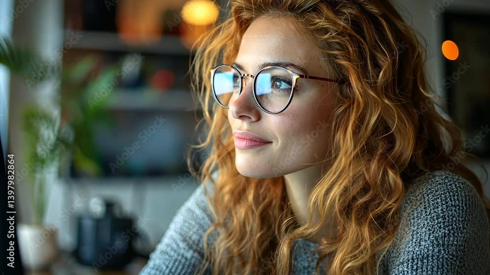 Woman with curly red hair and glasses, thoughtful expression Woman with curly red hair and glasses, thoughtful expression