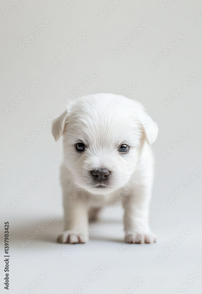 Adorable white puppy, studio shot, neutral background, pet portrait, website use Adorable white puppy, studio shot, neutral background, pet portrait, website use