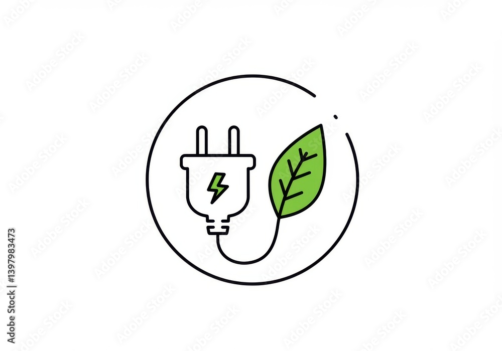 Electric plug and leaf inside of a circle line drawing Electric plug and leaf inside of a circle line drawing