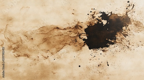 Abstract Watercolor Ink Splash on Tan Paper, Organic Shapes with Soft Bleed of Dark Ink, Artistic Expression, Evocative Liquid Movement, Flowing Gradients, Natural Color Blending