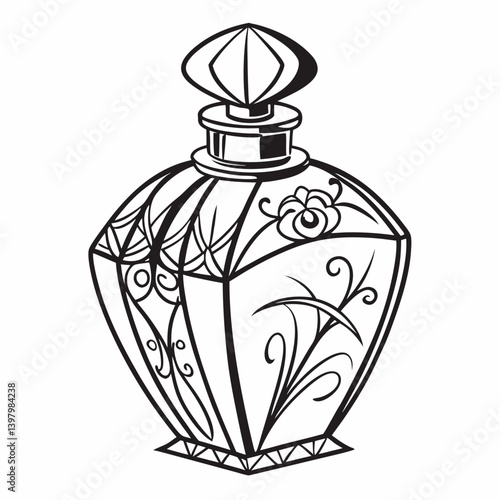Elegant Vintage Ornate Perfume Bottle Black Line Art Floral Illustration