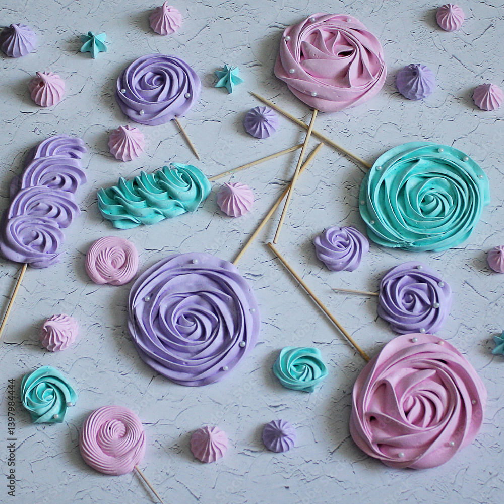 Top view of multi-colored meringue curls of different shapes on a gray marble background. Flat lay for confectionery Top view of multi-colored meringue curls of different shapes on a gray marble background. Flat lay for confectionery