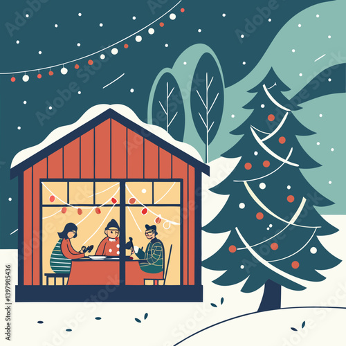 Holiday Scene - Family Christmas Dinner in Snowy Winter Cabin with Christmas Lights and Decorated Christmas Tree - Vector Flat Illustration