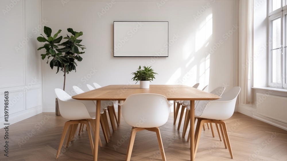 Modern Conference Room with Minimalist Design and Wooden Table Surrounded by White Chairs Modern Conference Room with Minimalist Design and Wooden Table Surrounded by White Chairs