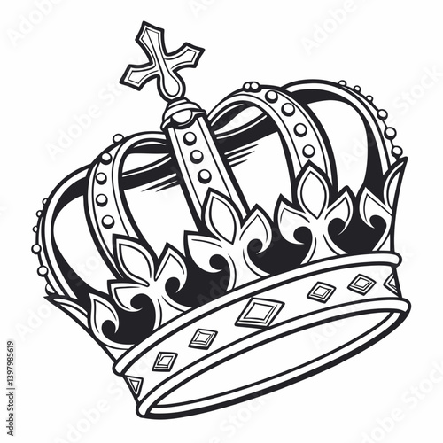 Ornate Royal Crown Cross Jewels Black and White Line Art Vector Graphic