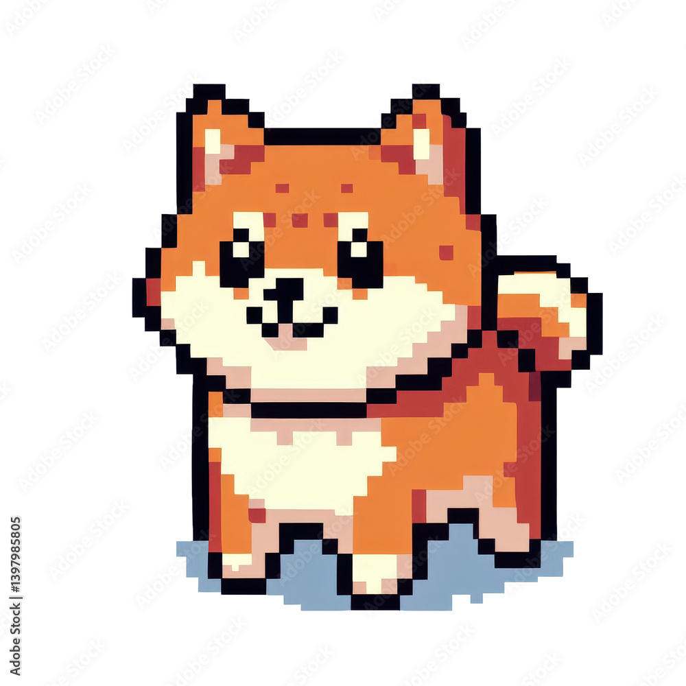 Fototapeta premium A pixel art Shiba Inu stands on a light background. 
