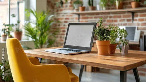 Wallpaper Mural Cozy workspace with laptop and potted plants in modern interior with brick wall and greenery Torontodigital.ca