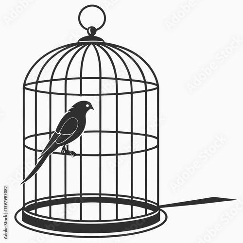 Black and White Intricate Birdcage Silhouette Vector Graphic Illustration