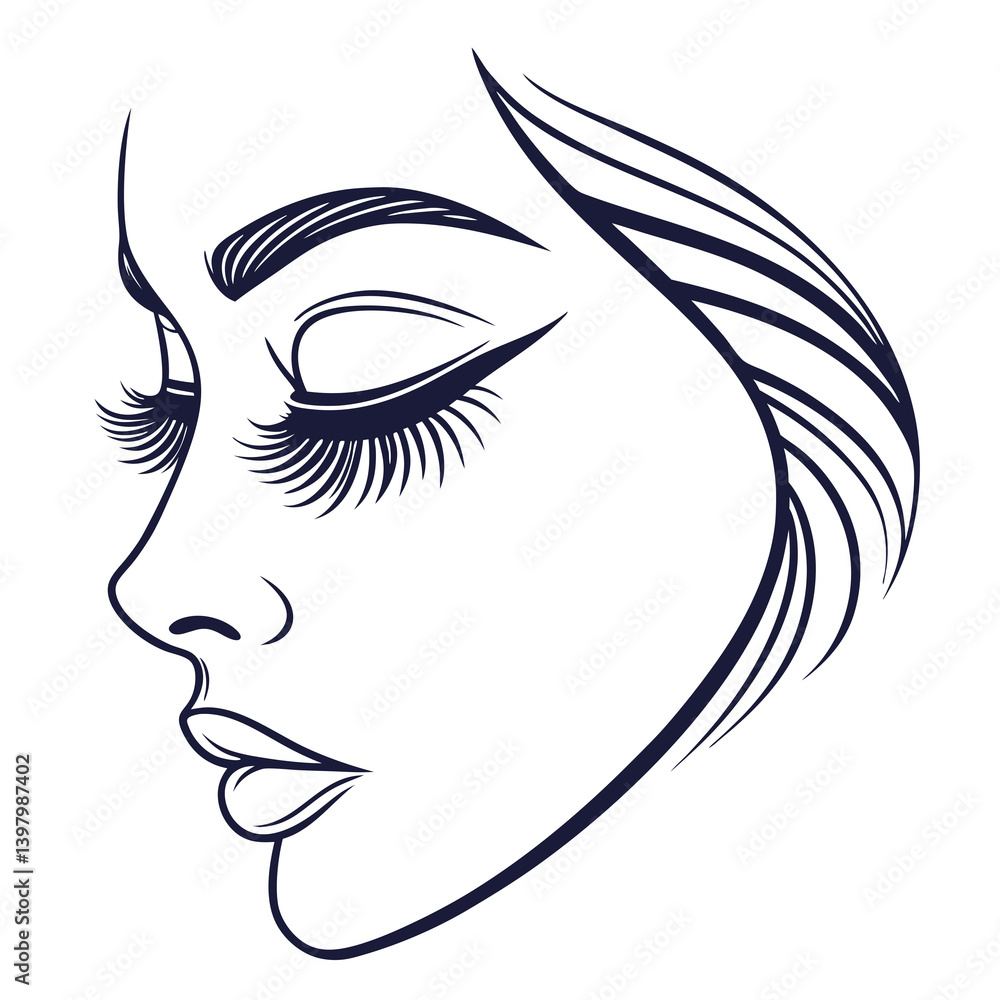 Minimalist Woman Face Profile Line Art Drawing Long Eyelashes Defined Eyebrows Black and White Beauty Portrait Minimalist Woman Face Profile Line Art Drawing Long Eyelashes Defined Eyebrows Black and White Beauty Portrait