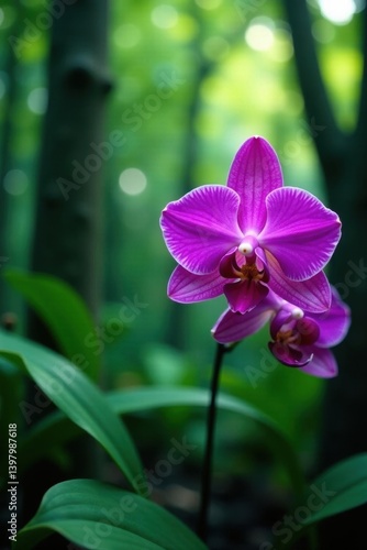 Vibrant purple orchid blossoms amidst lush rainforest foliage , macro, orchid, stock