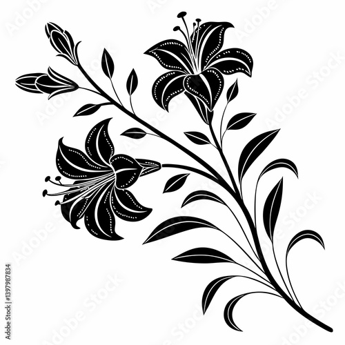 Elegant Black and White Lily Flowers Botanical Vector Line Art Illustration