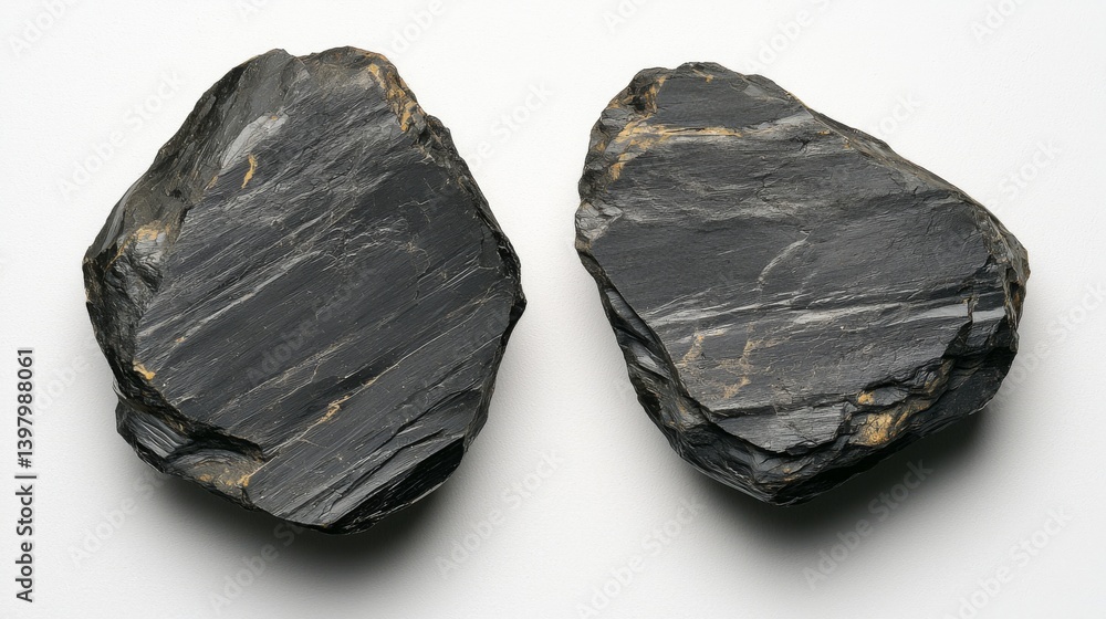 Two pieces of black slate rock with natural textures and patterns