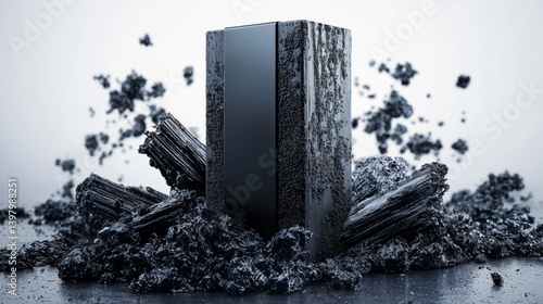 Obraz na płótnie Abstract black structure surrounded by textured debris on a gray background w salonie