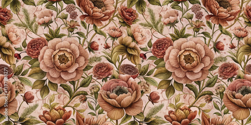 Beautiful floral pattern featuring various blossoms in warm tones.