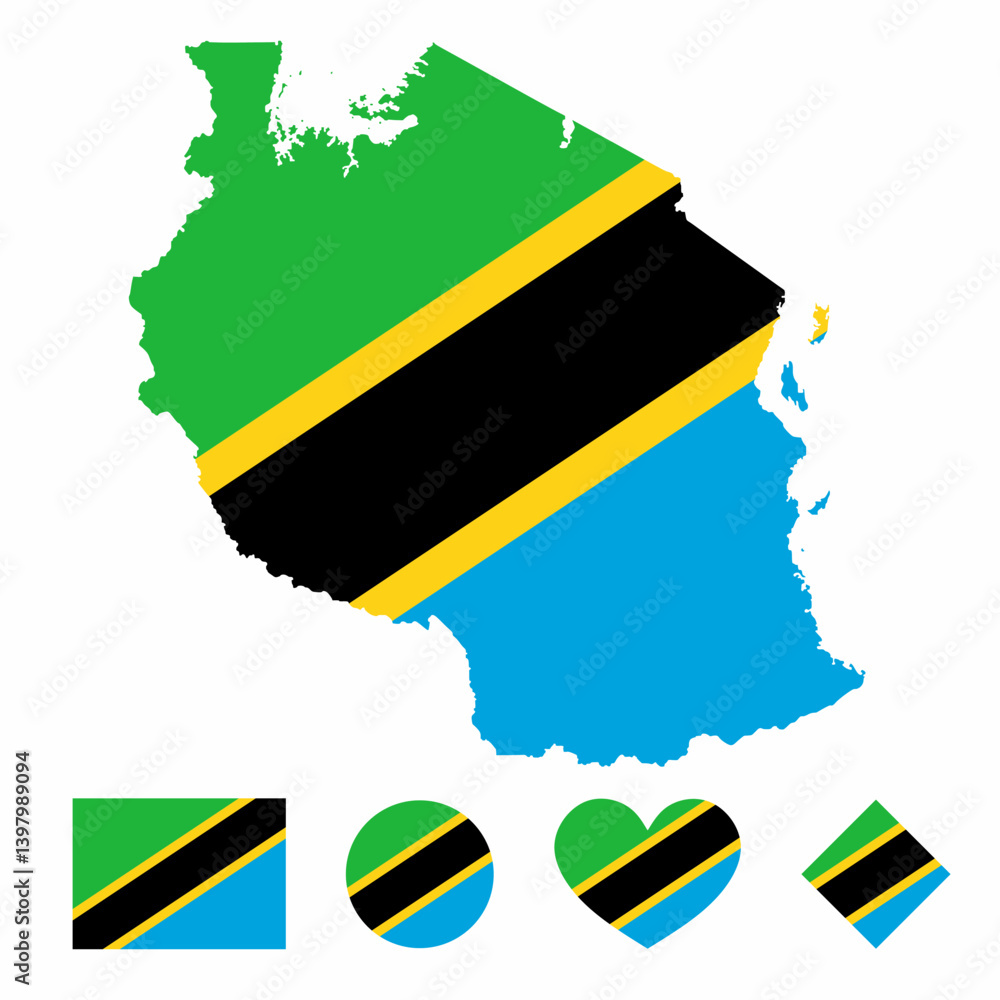 Obraz premium Vector of Tanzania map flag with flag set isolated on white background. Collection of flag icons with square, circle, love, heart, and rectangle shapes.
