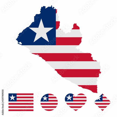 Vector of Liberia map flag with flag set isolated on white background. Collection of flag icons with square, circle, love, heart, and rectangle shapes.
