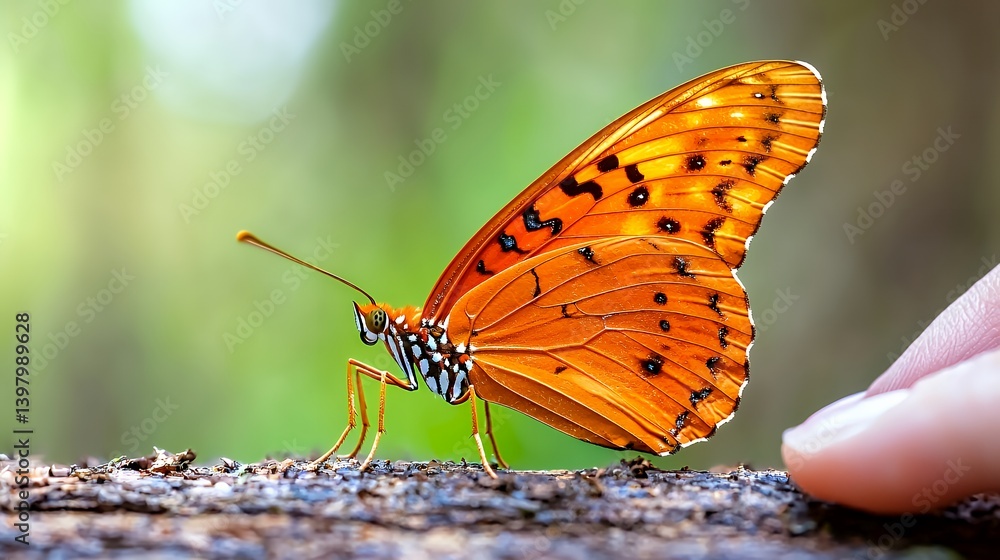 Obraz premium Orange butterfly on tree trunk close up