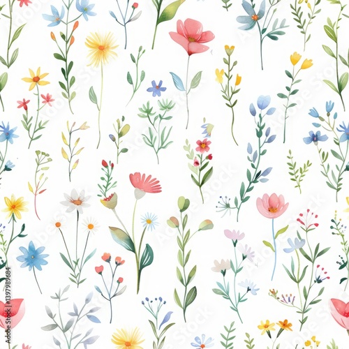 Wallpaper Mural Seamless pattern with watercolor flower fields on white background drawing abstract illustration Torontodigital.ca