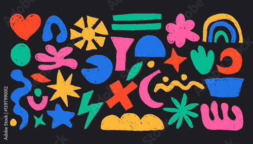 Naive abstract doodle shapes. Cute kid organic crayon pencil brush and pencil figures, childish hand drawn simple geometric elements. Vector isolated set