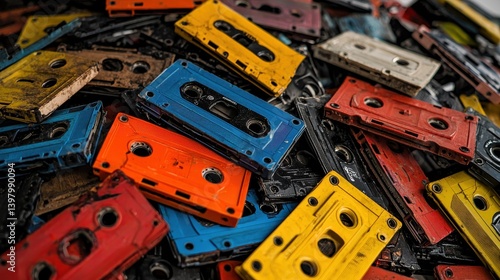Colorful cassette tapes scattered in a vibrant, nostalgic pile for retro music lovers.