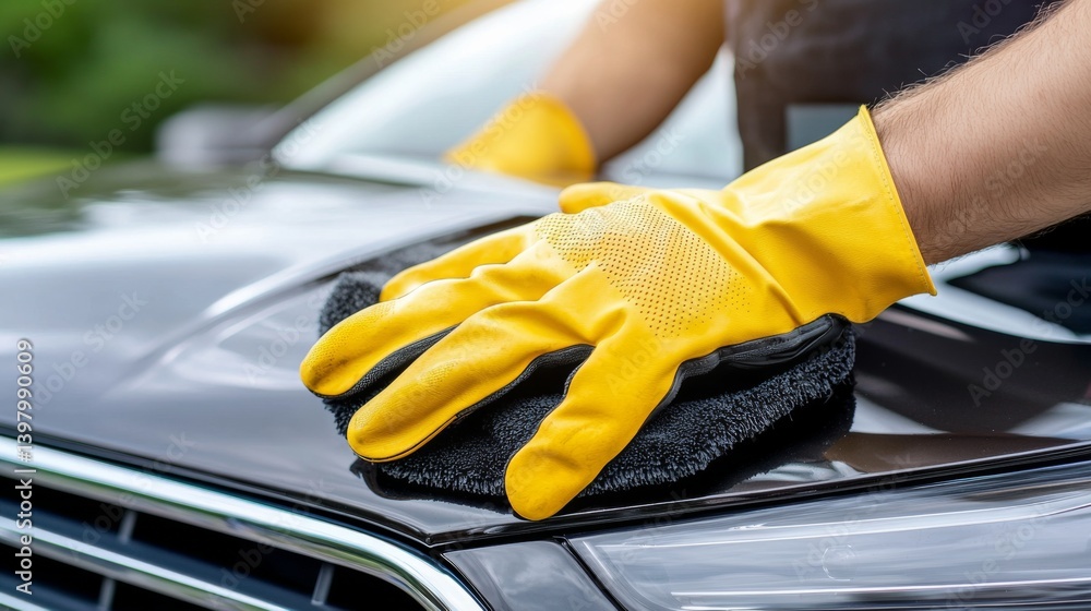 A person cleaning a car hood with a microfiber cloth and yellow gloves