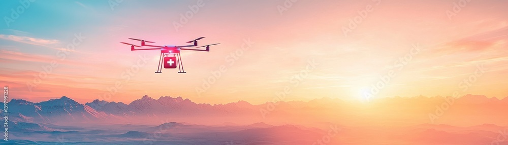 Obraz premium A vibrant drone flying over majestic mountains during a colorful sunset.