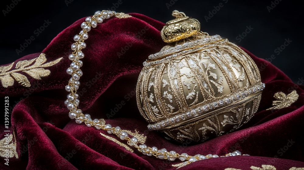 Ornate gold sphere resting on rich crimson velvet, adorned with pearls
