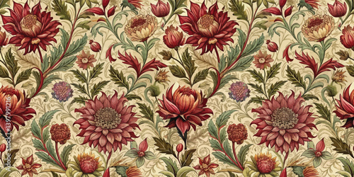 Vintage floral pattern featuring rich reds and greens on a soft beige background.