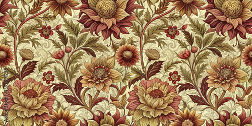 Floral pattern featuring rich sunflowers and intricate leaves in warm hues.