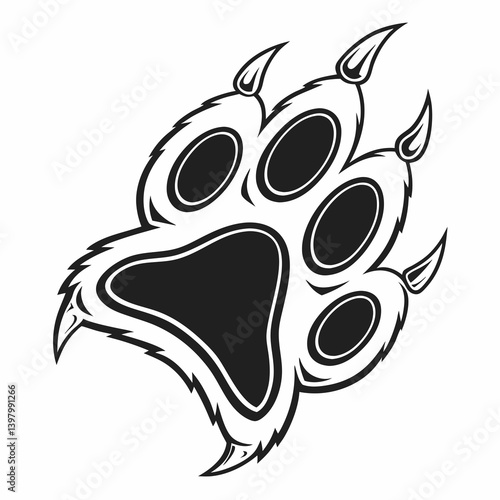 Black and White Paw Print Vector Graphic - Sharp Animal Claws Outline Drawing