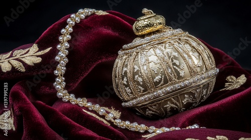 Ornate gold sphere resting on rich crimson velvet, adorned with pearls