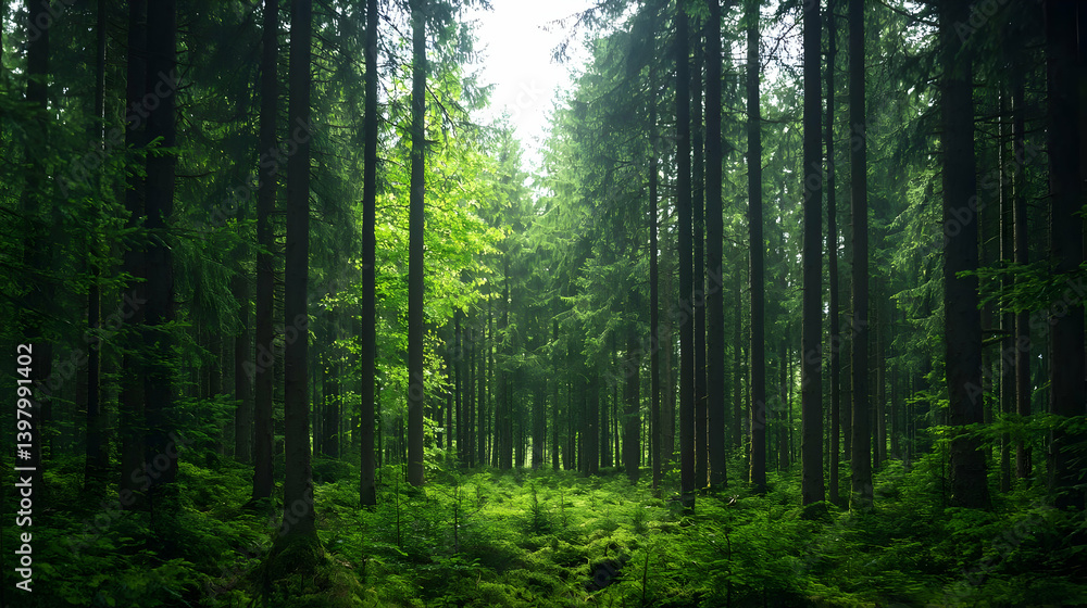 Obraz premium Lush Green Forest Path Sunlight