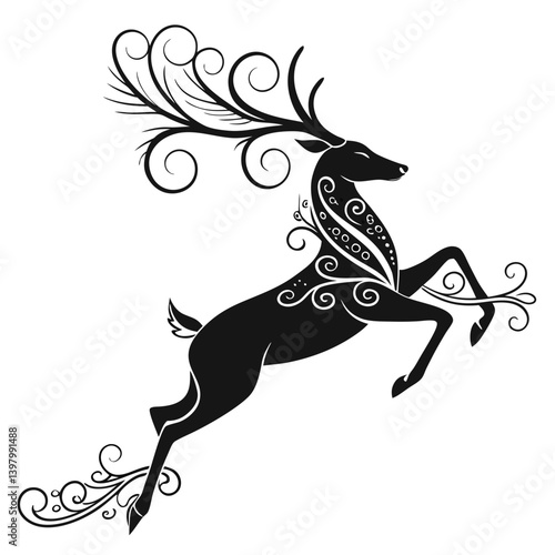 Elegant Graceful Leaping Black Stag Silhouette Ornate Swirls Antlers Tribal Tattoo Vector Art
