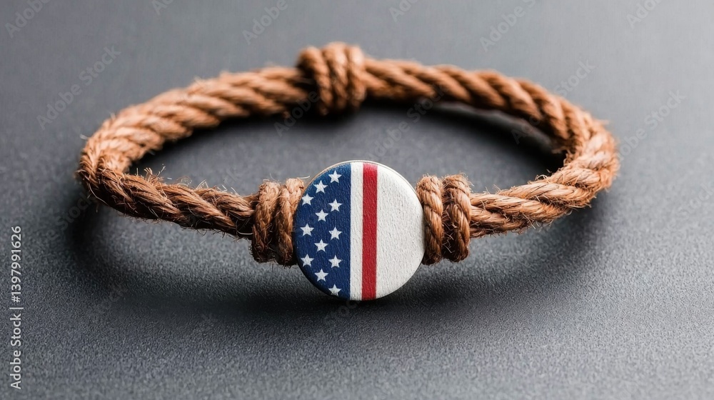 Rustic bracelet with a round charm featuring the American flag design