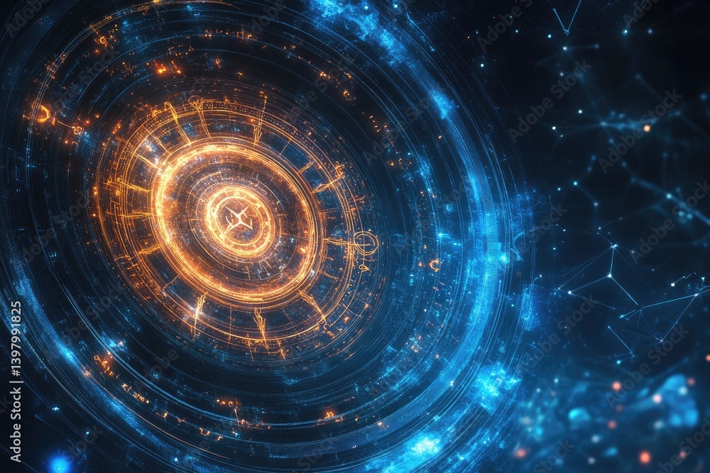Abstract zodiac wheel emerging from a swirling cosmic vortex