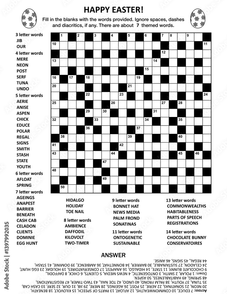 Fototapeta premium Easter holiday themed 19x19 criss-cross (kriss-kross, fill in the blanks) crossword puzzle or word game (English language) with about 7 theme words. Answer included. 