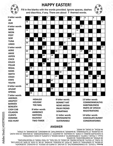 Easter holiday themed 19x19 criss-cross (kriss-kross, fill in the blanks) crossword puzzle or word game (English language) with about 7 theme words. Answer included.
