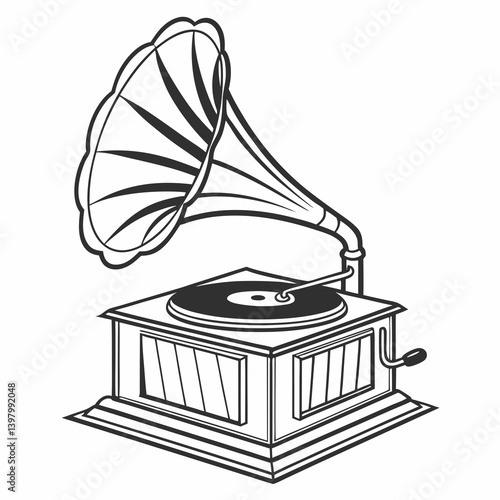 Vintage Gramophone Phonograph Retro Record Player Line Art Drawing